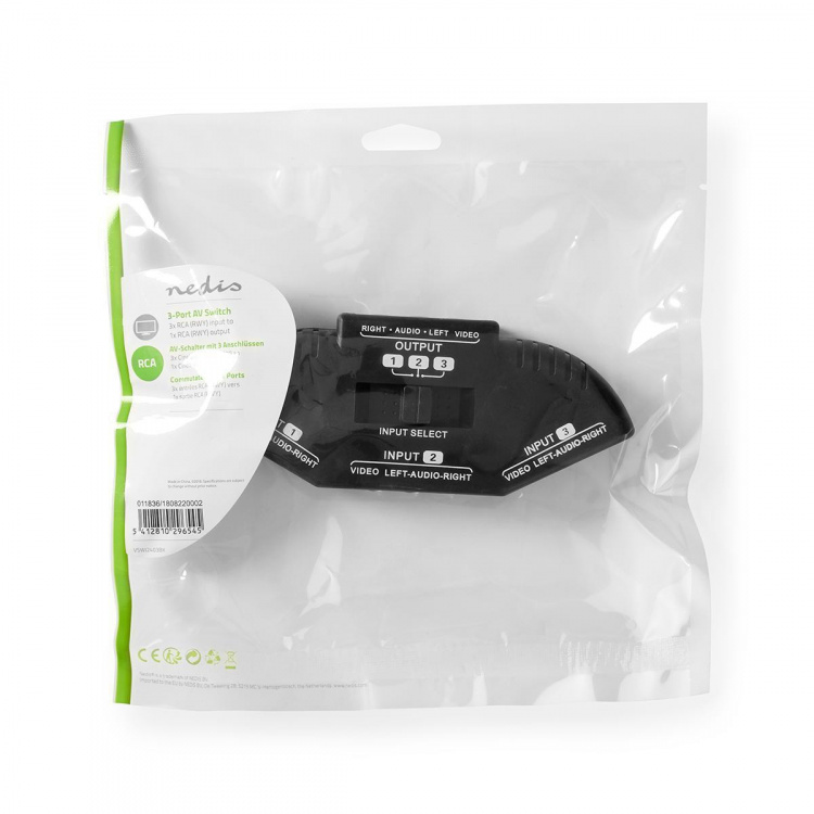 Nedis Composite Video Switch | 3-Port port(s) | Inngang for lyd-/video-/datatilkoblinger: 3x Composite Video (RWY) | Utgang for lyd-/video-/datatilkoblinger: 1x Composite Video (RWY) | 1024x576 | ABS | Sort