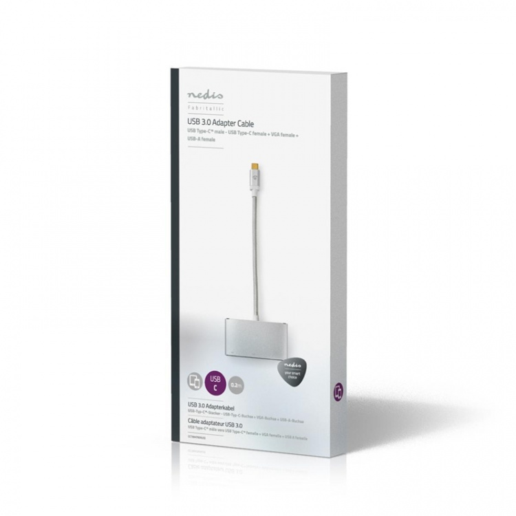 Nedis USB Multi-Port Adapter | 3-i-1 | USB 3.2 Gen 1 | USB-C™ Hann | USB-A Hun / USB-C™ Hunn / VGA Hun 15p | 5 Gbps | 0.20 m | Rund | Gull belagt | Flettet / Nylon | Sølv | Deksel Vindusboks Nedis USB Multi-Port Adapter | 3-i-1 | USB 3.2 Gen 1 | USB-C™ Hann | USB-A Hun / USB-C™ Hunn / VGA Hun 15p | 5 Gbps | 0.20 m | Rund | Gull belagt | Flettet / Nylon | Sølv | Deksel Vindusboks