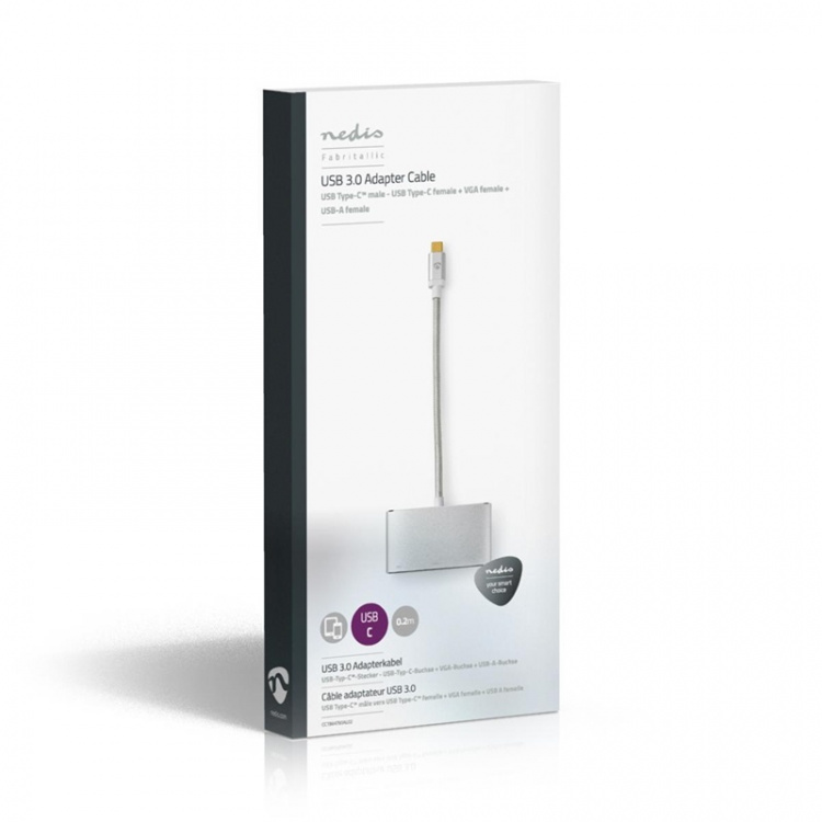 Nedis USB Multi-Port Adapter | 3-i-1 | USB 3.2 Gen 1 | USB-C™ Hann | USB-A Hun / USB-C™ Hunn / VGA Hun 15p | 5 Gbps | 0.20 m | Rund | Gull belagt | Flettet / Nylon | Sølv | Deksel Vindusboks Nedis USB Multi-Port Adapter | 3-i-1 | USB 3.2 Gen 1 | USB-C™ Hann | USB-A Hun / USB-C™ Hunn / VGA Hun 15p | 5 Gbps | 0.20 m | Rund | Gull belagt | Flettet / Nylon | Sølv | Deksel Vindusboks