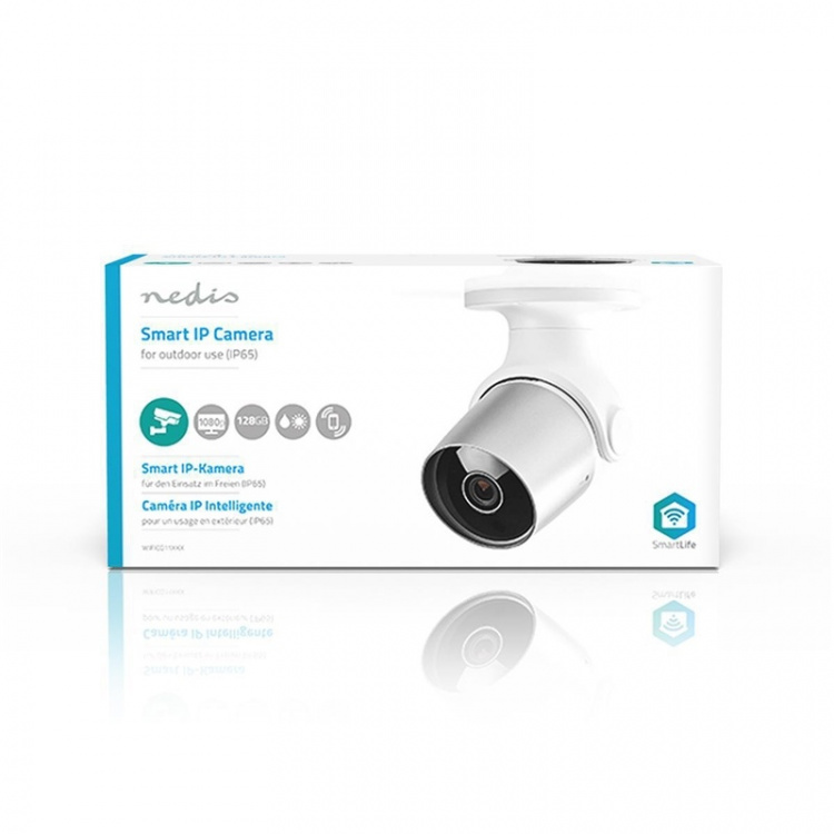Nedis SmartLife Utendørs kamera | Full HD 1080p | IP65 | Cloud Storage (valgfritt) / microSD (ikke inkludert) | 12 V DC | Med bevegelses sensor | Nattsyn | Hvit / Sølv