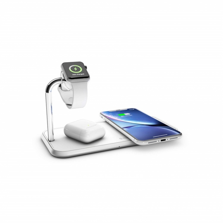 ZENS Triple Alu. Lader QI Trådløs 220V-kabel 2x10W Hvit med Apple Watch Lader (Apple QC 7,5W)