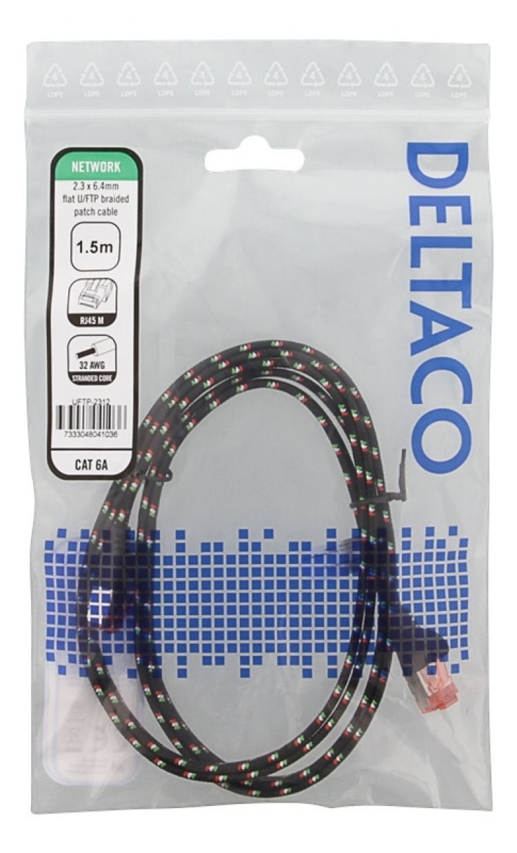 DELTACO Tøff flat CAT.6A U/FTP patchkabel, 32AWG, 1,5 m, svart DELTACO Tøff flat CAT.6A U/FTP patchkabel, 32AWG, 1,5 m, svart