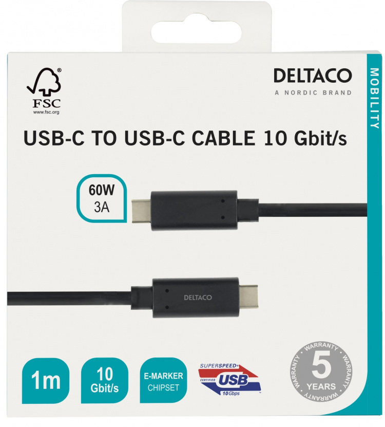 DELTACO USBC 3.1 GEN2 10Gbps/3A/E-markør 1 m