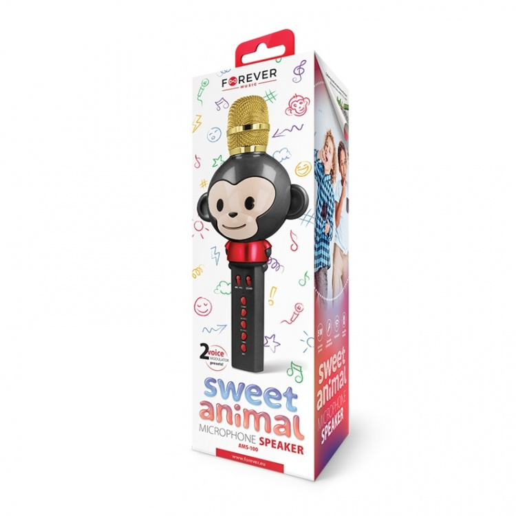 Forever Mikrofon med Bluetooth-høyttaler Animal Black AMS-100 Forever Mikrofon med Bluetooth-høyttaler Animal Black AMS-100