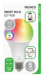 DELTACO SMART HOME RGB LED-lampe, E27, WiFI, 9W, 16 millioner farger, hvit