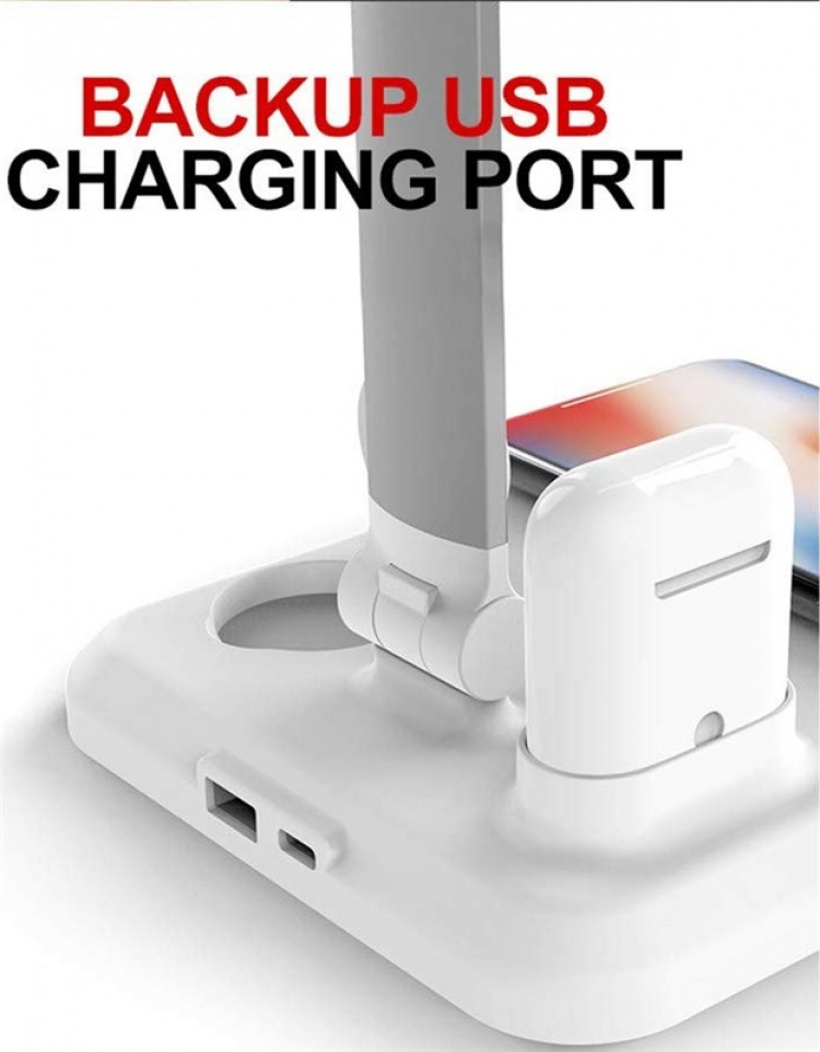 Bordlampe med trådløs Qi-lading, 4-i-1, Hvit Bordlampe med trådløs Qi-lading, 4-i-1, Hvit
