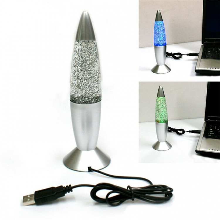 Lavalamp med glitter, lyser i flere forskjellige farger.
