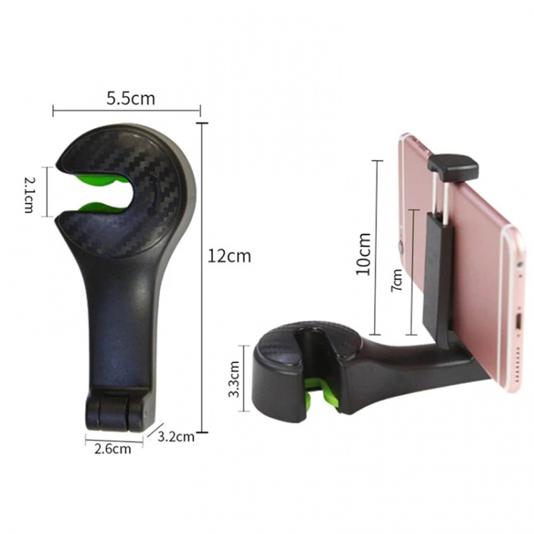 2 i 1 nakkestøtteholder for mobil og krok, Svart