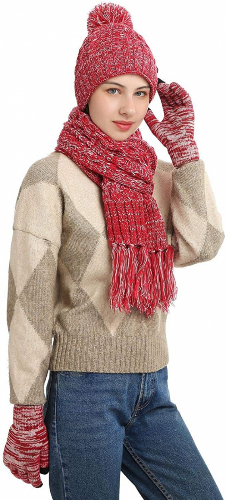 Strikkesett med lue, skjerf og touchscreen hansker, Rød Strikkesett med lue, skjerf og touchscreen hansker, Rød