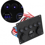 Bryterpanel for bil, båt, campingvogn + voltmeter, USB og strømuttak 12-24V