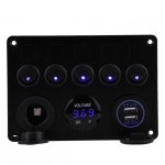 Bryterpanel for bil, båt, campingvogn + voltmeter, USB og strømuttak 12-24V