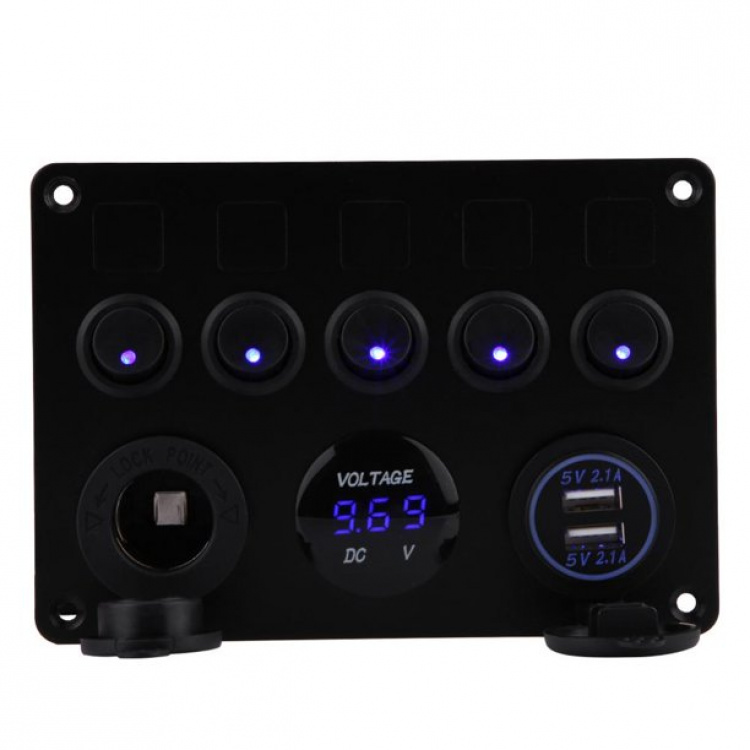 Bryterpanel for bil, båt, campingvogn + voltmeter, USB og strømuttak 12-24V