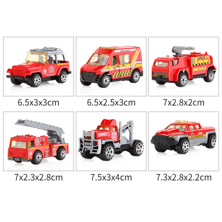 Sett med 6 brannbiler inkludert brannbil