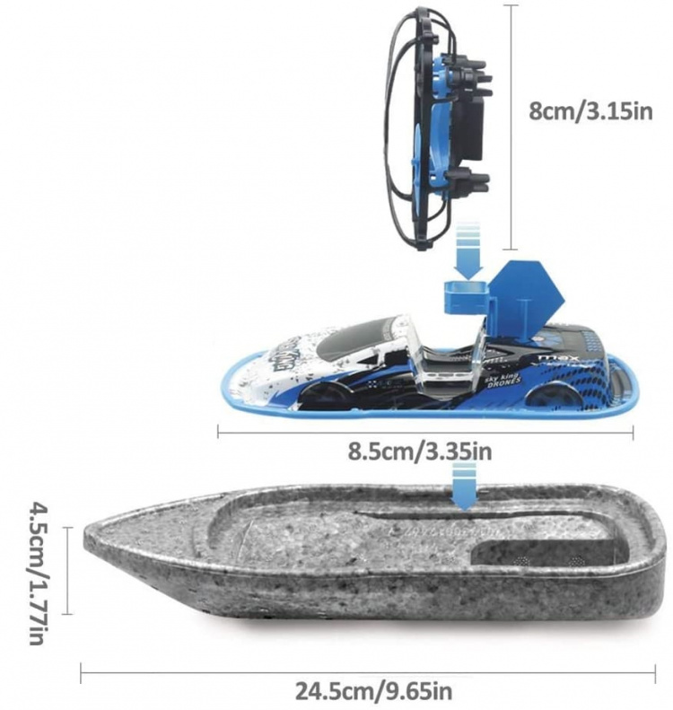 3-i-1 radiostyrt terrengkjøretøy 2,4 G - drone, båt, bil 4-akset, blå/grå