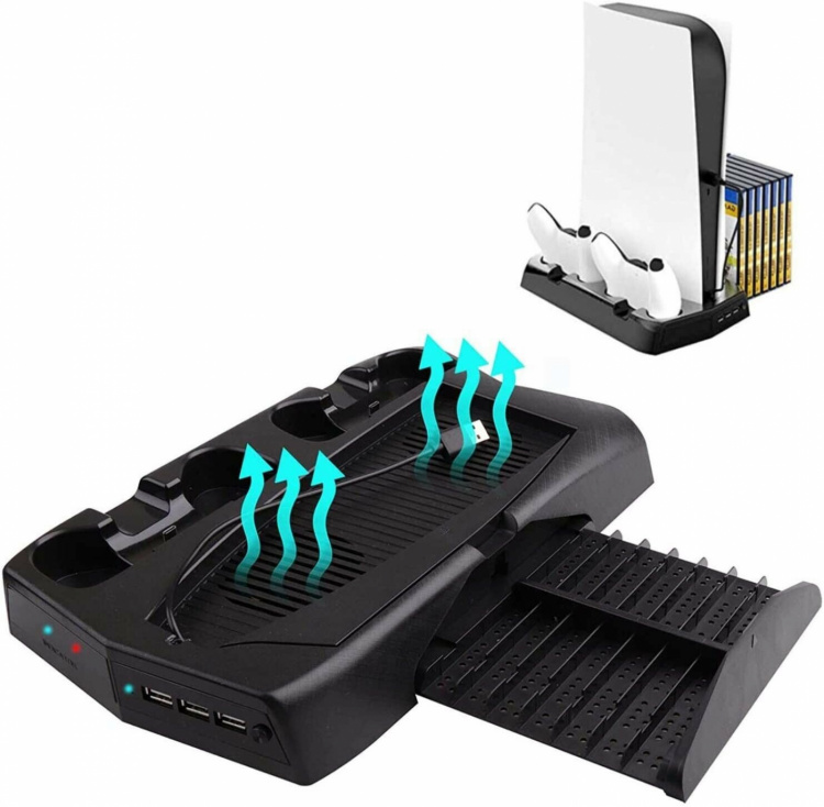Ladestativ med kjølevifter og spilloppbevaring for PS5 Ladestativ med kjølevifter og spilloppbevaring for PS5