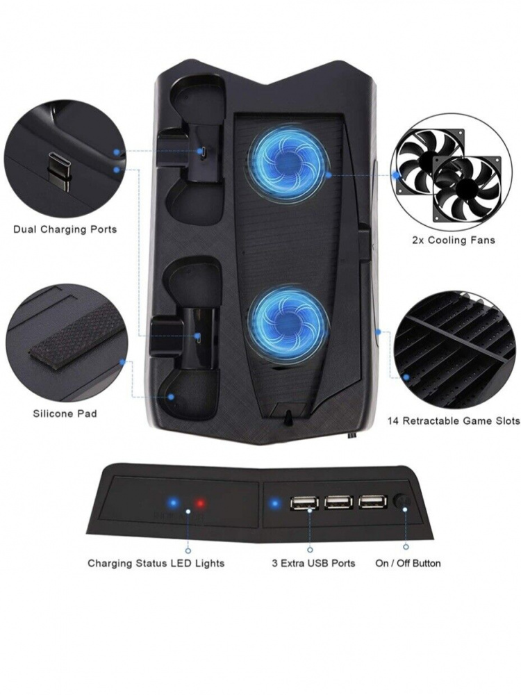 Ladestativ med kjølevifter og spilloppbevaring for PS5 Ladestativ med kjølevifter og spilloppbevaring for PS5