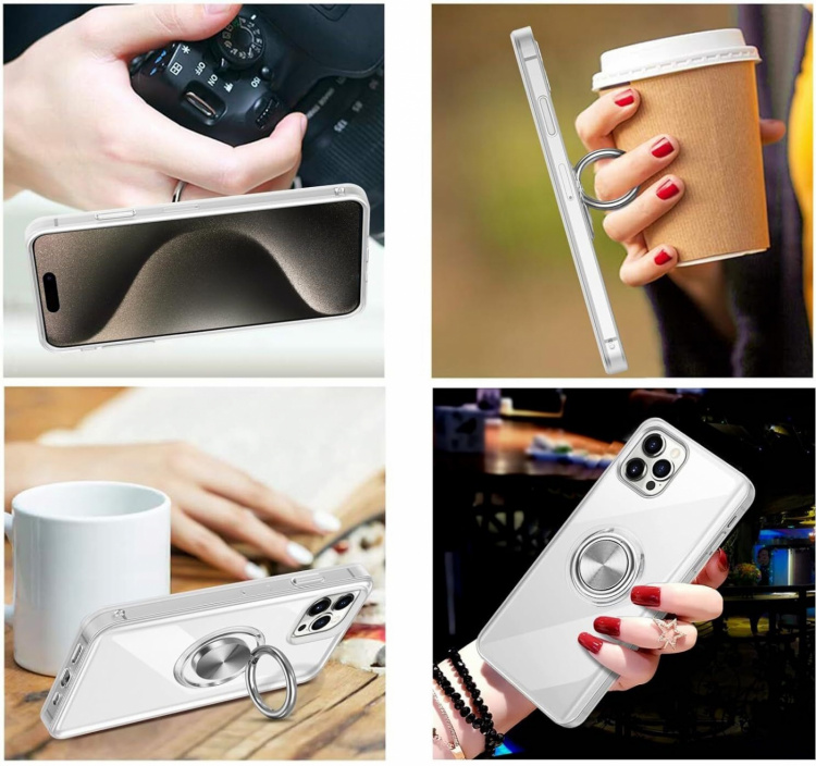 Gjennomsiktig etui med ringholder, iPhone 15 Plus