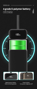 Powerbank 30000 mAh 22,5 W PD hurtiglading med digital skjerm, svart