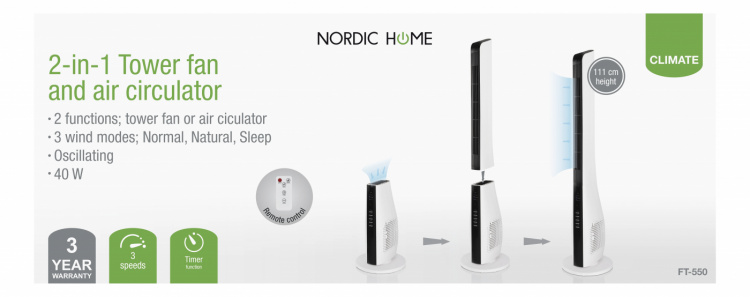 NORDIC HOME 2-i-1 tårnvifte med luftsirkulasjon, 3 hastigheter, 40 W, timer, hvit