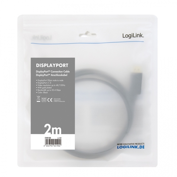 LogiLink DisplayPort-kabel 1.4 8K/4K 2 meter LogiLink DisplayPort-kabel 1.4 8K/4K 2 meter