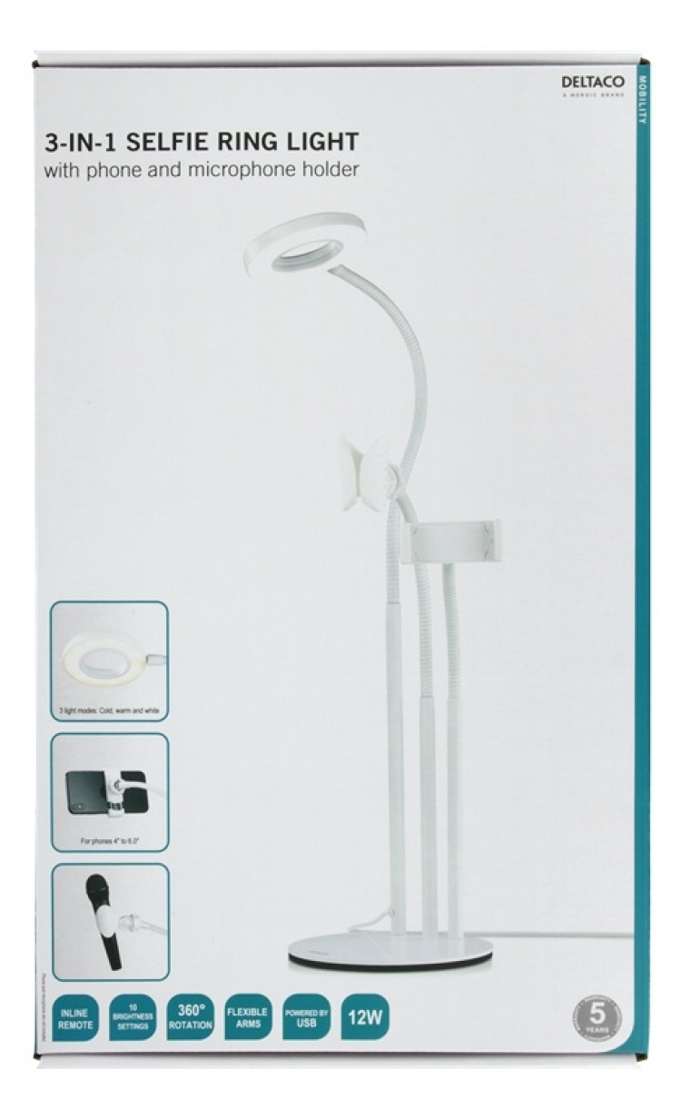 DELTACO 3-IN-1 Selfie-ringlampe med smarttelefon- og mikrofonholder, hvit DELTACO 3-IN-1 Selfie-ringlampe med smarttelefon- og mikrofonholder, hvit