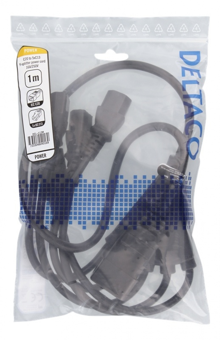 DELTACO Apparatkabel IEC C20 - 5x IEC C13, 1m, 16A/250V, Y-splitter, svart DELTACO Apparatkabel IEC C20 - 5x IEC C13, 1m, 16A/250V, Y-splitter, svart
