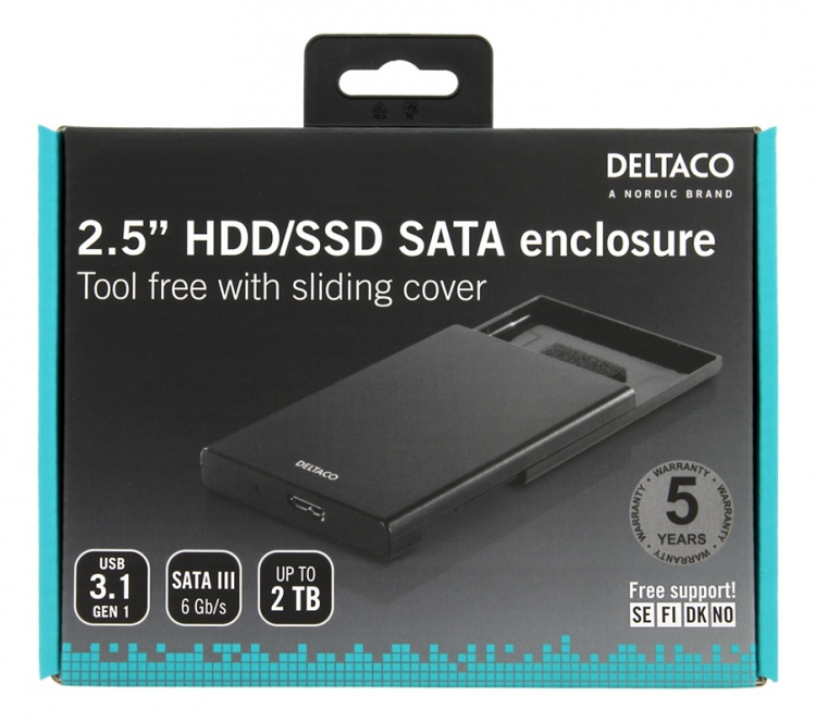 DELTACO Eksternt harddiskkabinett, USB 3.0, skyvedør, 2,5