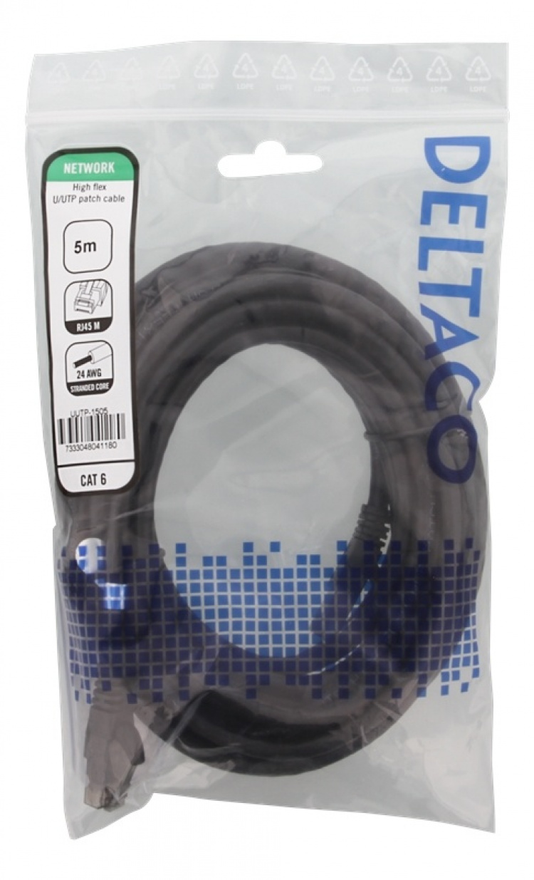 DELTACO U/UTP High Flex Cat6 patchkabel, 5m, flerkjerne, 24AWG, svart