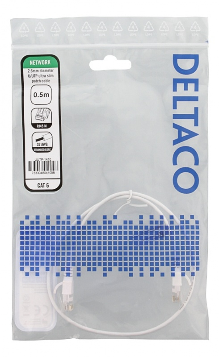 DELTACO Ultra Slim U/UTP Cat.6 patchkabel, 2,6 mm, 0,5 m, hvit DELTACO Ultra Slim U/UTP Cat.6 patchkabel, 2,6 mm, 0,5 m, hvit