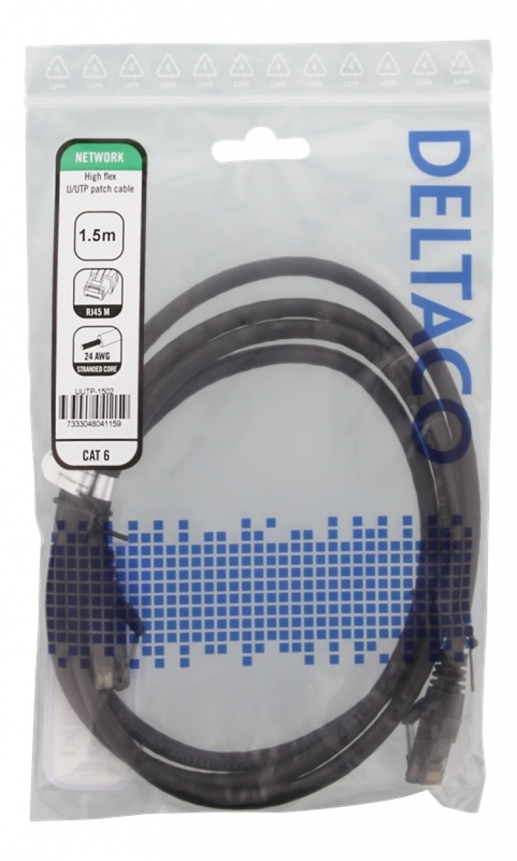 DELTACO U/UTP High Flex Cat6 patchkabel, 1,5m, multikjerne, 24AWG, svart DELTACO U/UTP High Flex Cat6 patchkabel, 1,5m, multikjerne, 24AWG, svart