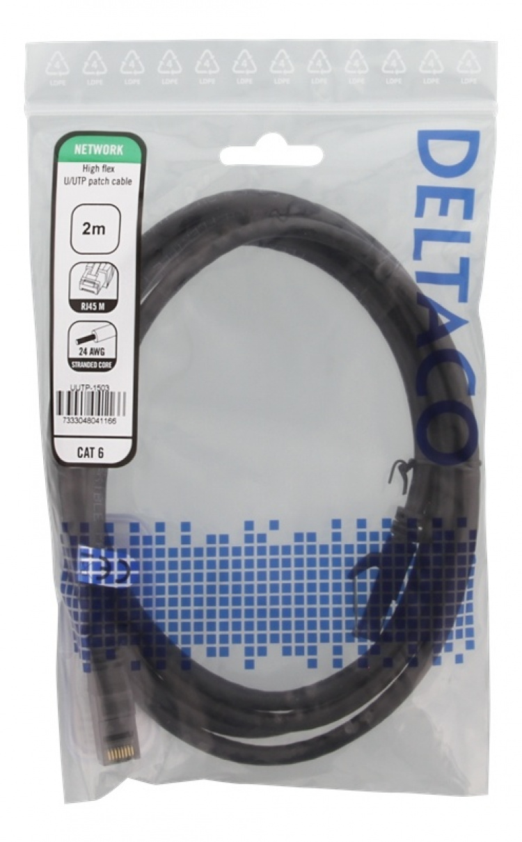 DELTACO U/UTP High Flex Cat6 patchkabel, 2m, flerkjerne, 24AWG, svart
