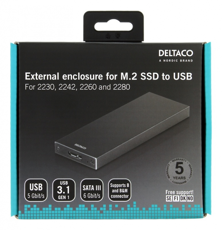 DELTACO Eksternt M.2-kabinett, USB 3.0, 5 Gbps, svart