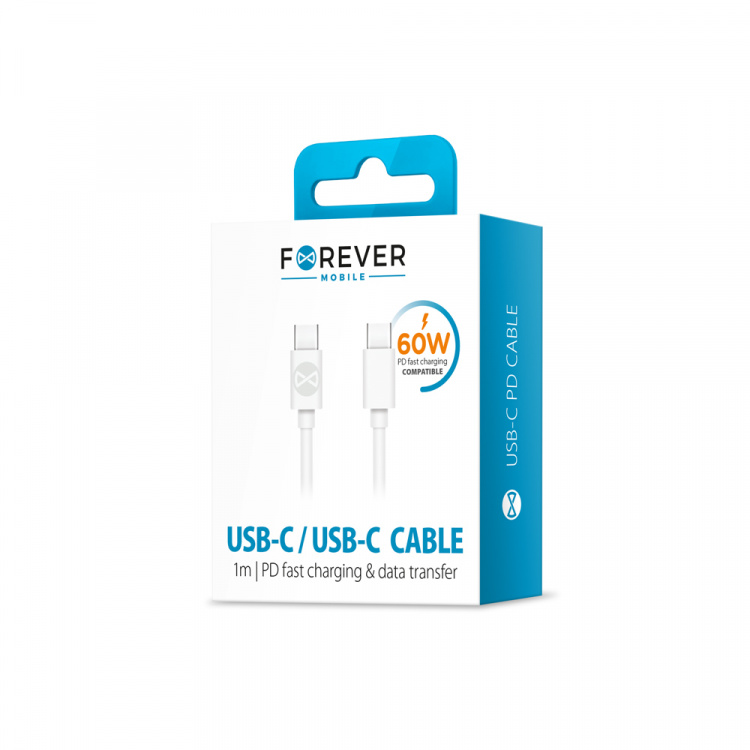 Forever-kabel USB-C - USB-C 1,0 m 3A, hvit