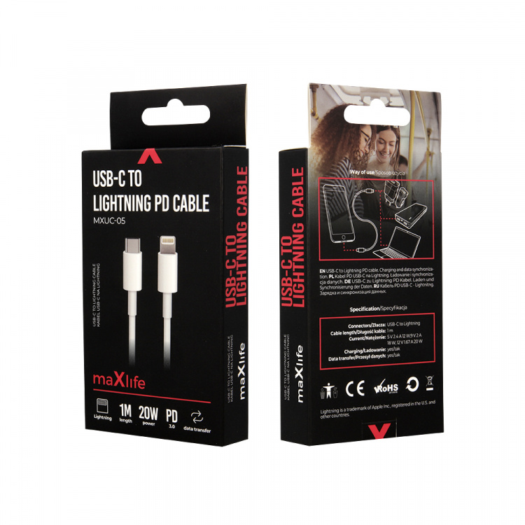 Maxlife MXUC-05 Power Direct USB-C til Lightning-kabel 1,0 m 20W, hvit