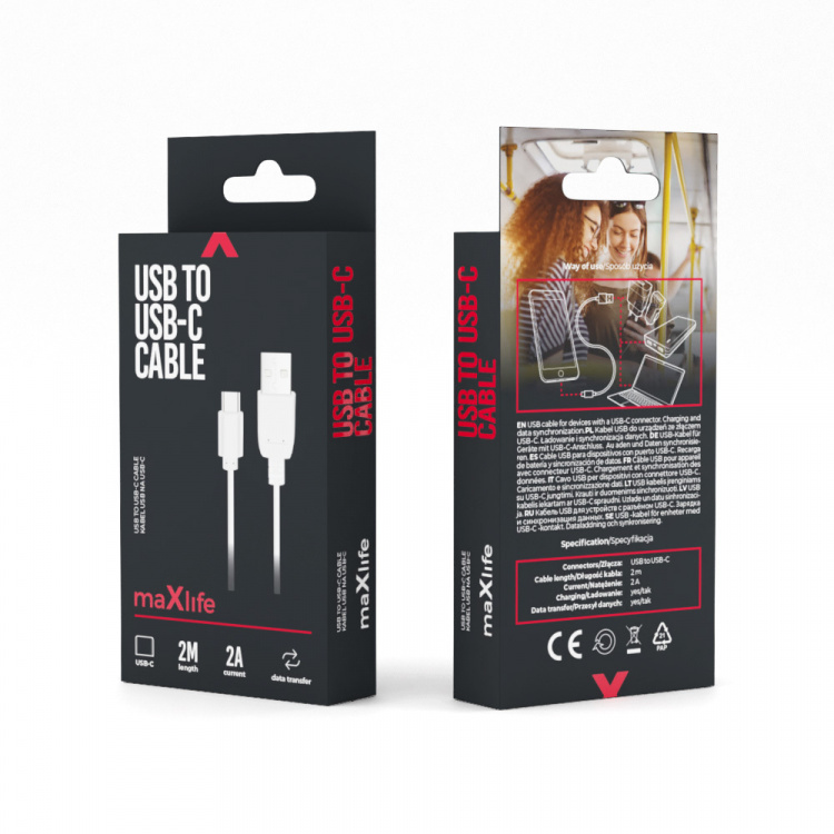 Maxlife-kabel USB - USB-C 2,0 m 2A, hvit