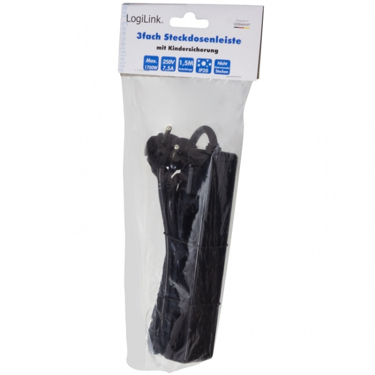 LogiLink Slank 3-veis Euro-stikkontakt 1,5 m, svart