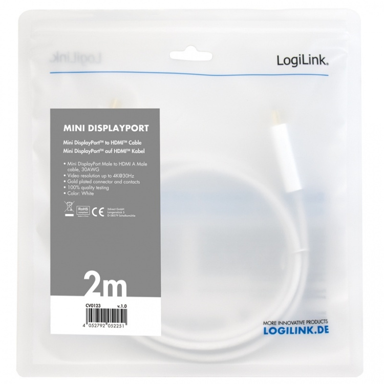 LogiLink Mini DisplayPort -> HDMI 4K 2m hvit LogiLink Mini DisplayPort -> HDMI 4K 2m hvit