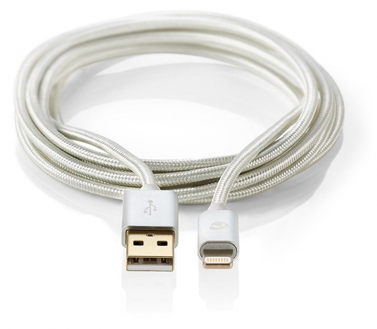 Nedis Lightning Kabel | USB 2.0 | Apple Lightning 8-Pinners | USB-A Han | 480 Mbps | Gull belagt | 3.00 m | Rund | Flettet / Nylon | Aluminium | Deksel Vindusboks Nedis Lightning Kabel | USB 2.0 | Apple Lightning 8-Pinners | USB-A Han | 480 Mbps | Gull belagt | 3.00 m | Rund | Flettet / Nylon | Aluminium | Deksel Vindusboks
