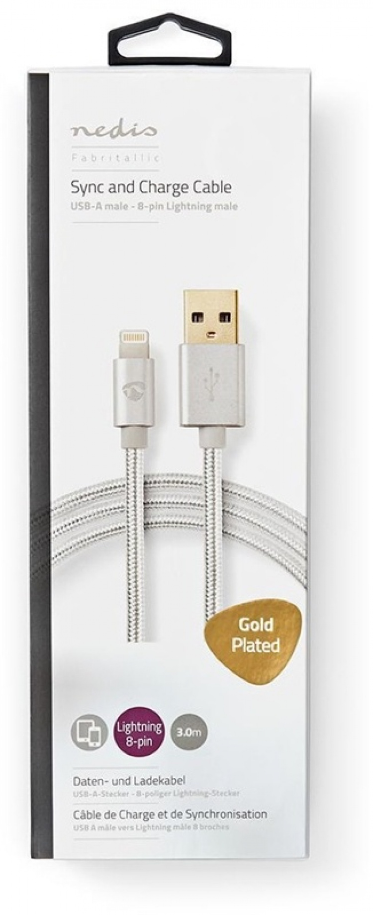 Nedis Lightning Kabel | USB 2.0 | Apple Lightning 8-Pinners | USB-A Han | 480 Mbps | Gull belagt | 3.00 m | Rund | Flettet / Nylon | Aluminium | Deksel Vindusboks Nedis Lightning Kabel | USB 2.0 | Apple Lightning 8-Pinners | USB-A Han | 480 Mbps | Gull belagt | 3.00 m | Rund | Flettet / Nylon | Aluminium | Deksel Vindusboks