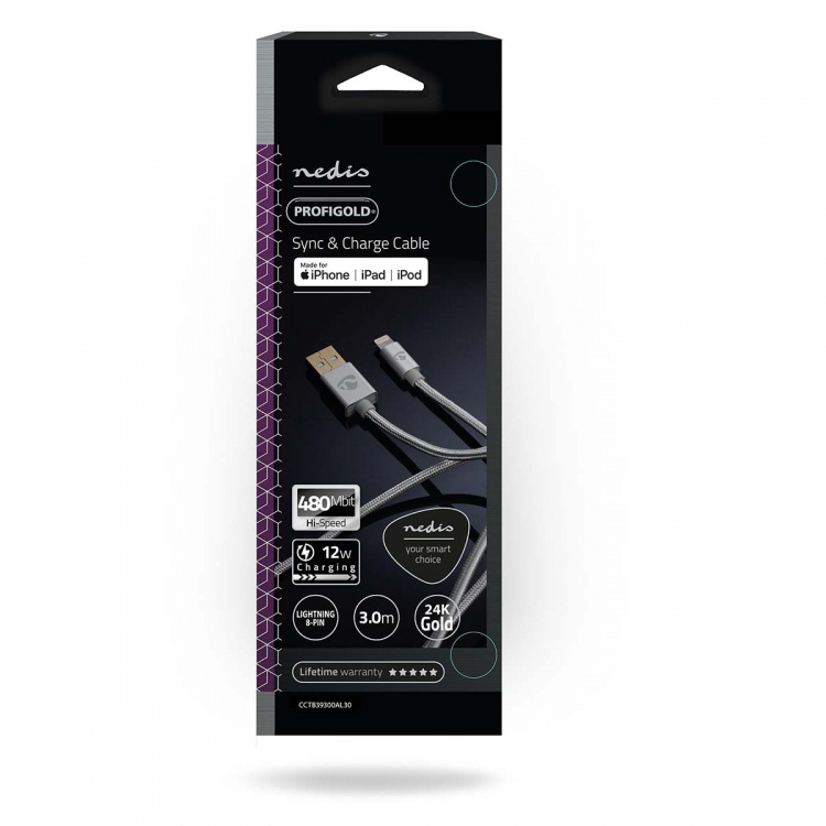 Nedis Lightning Kabel | USB 2.0 | Apple Lightning 8-Pinners | USB-A Han | 480 Mbps | Gull belagt | 3.00 m | Rund | Flettet / Nylon | Aluminium | Deksel Vindusboks Nedis Lightning Kabel | USB 2.0 | Apple Lightning 8-Pinners | USB-A Han | 480 Mbps | Gull belagt | 3.00 m | Rund | Flettet / Nylon | Aluminium | Deksel Vindusboks