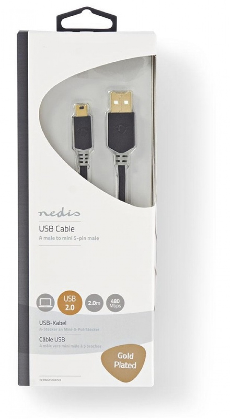 Nedis USB-kabel | USB 2.0 | USB-A Han | USB Mini-B 5 pins Han | 480 Mbps | Gull belagt | 2.00 m | Rund | PVC | Antrasitt | Vindus boks