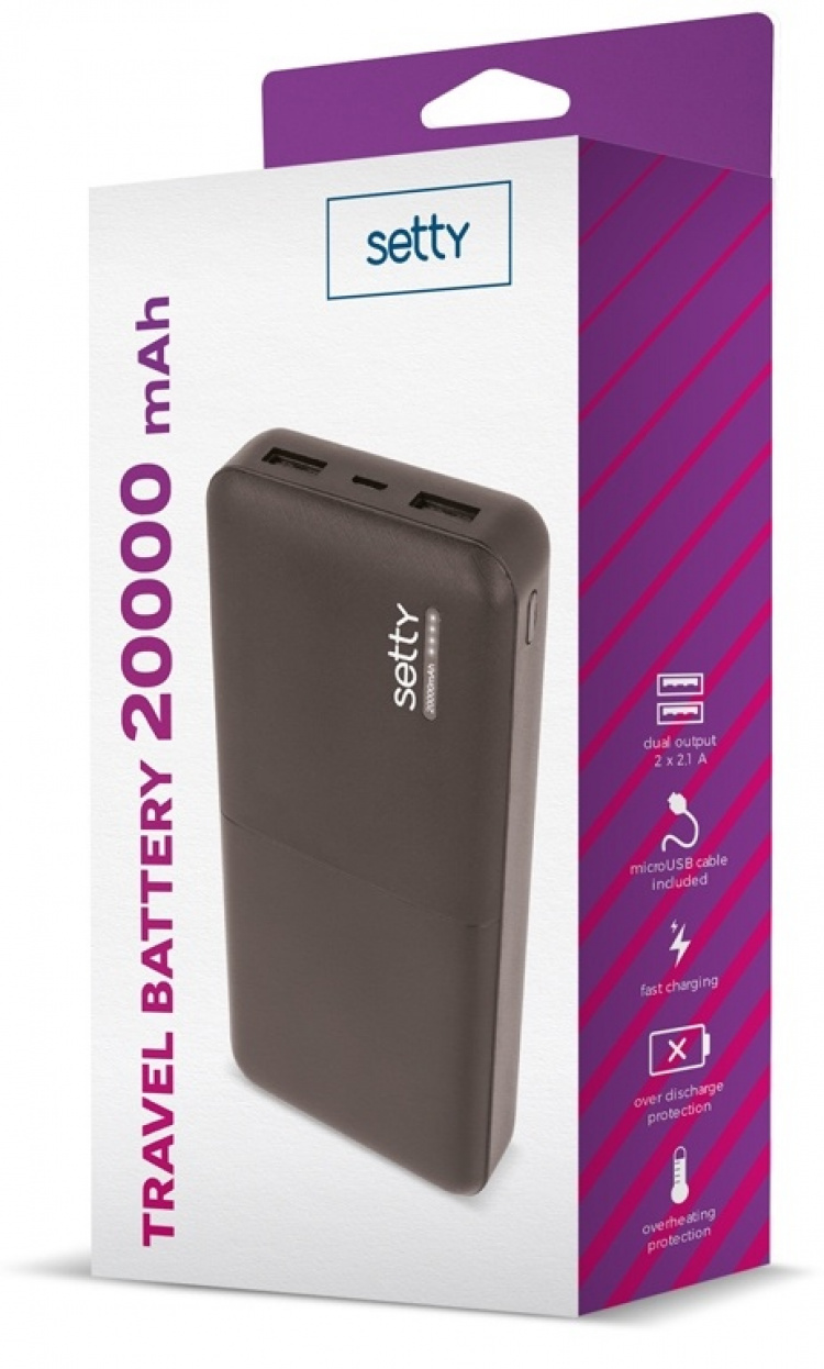 Setty powerbank med 20 000 mAh og doble USB-porter, svart