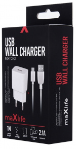 Maxlife USB-hurtiglader + USB-C-kabel, hvit (2,1A)