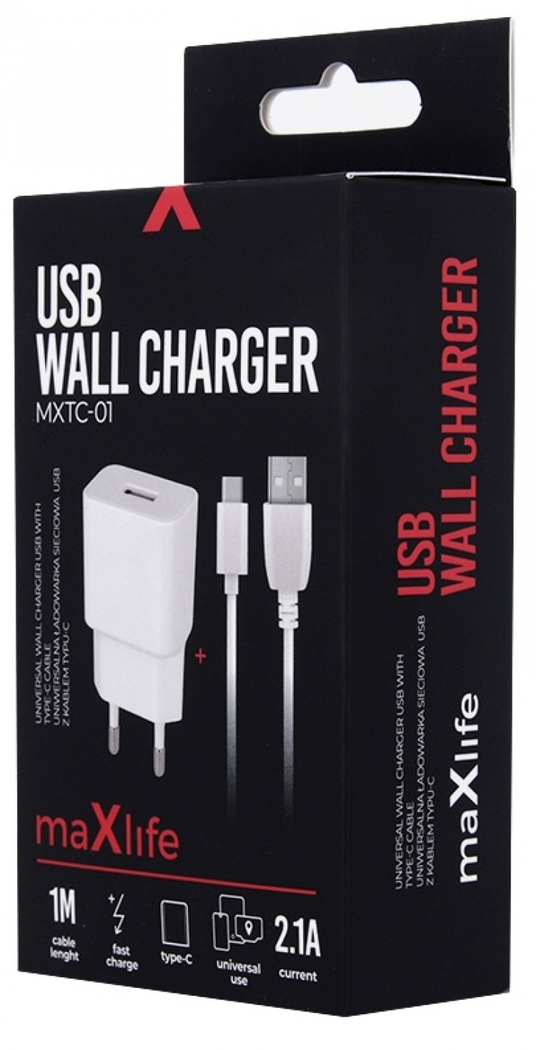 Maxlife USB-hurtiglader + USB-C-kabel, hvit (2,1A)