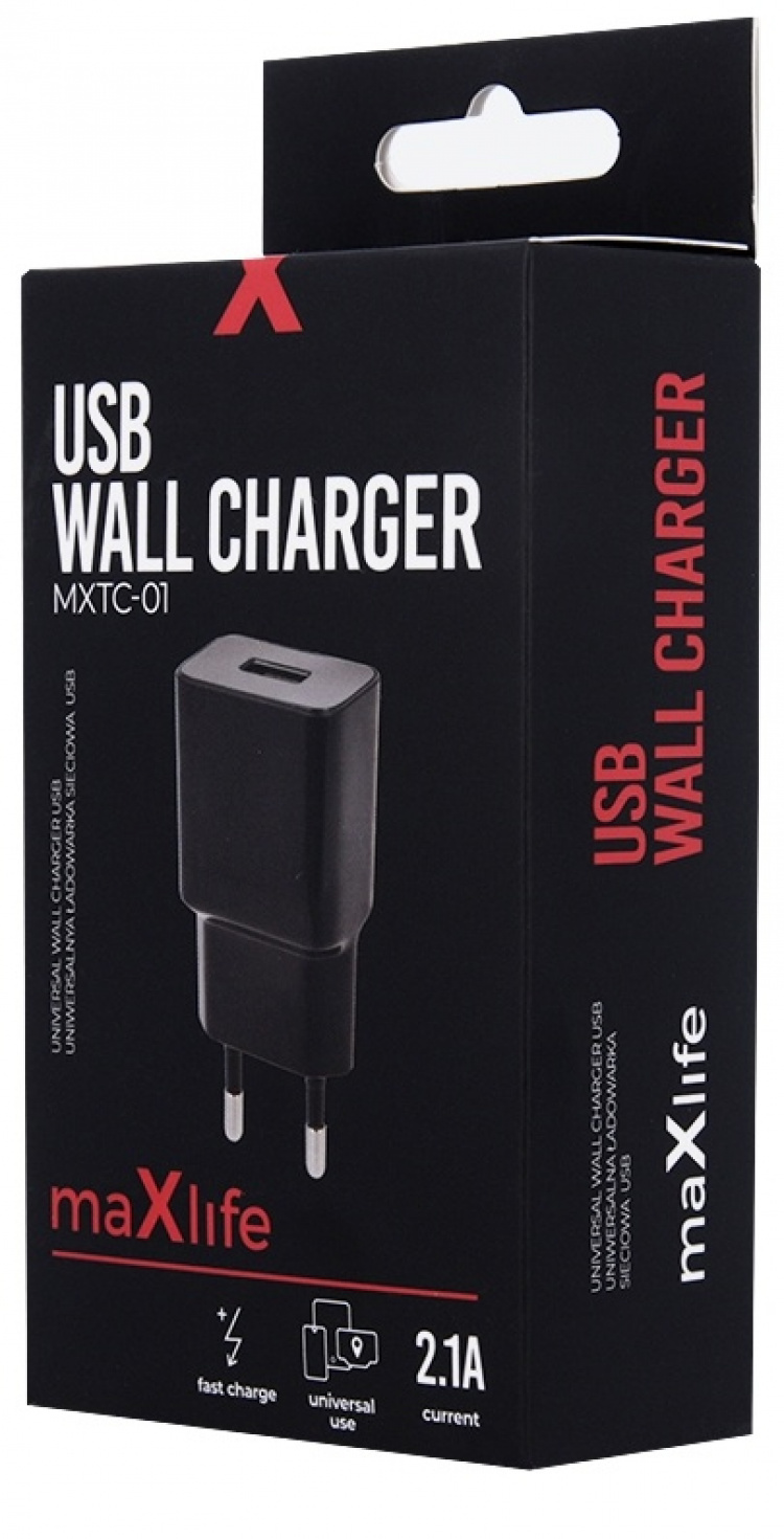 Maxlife USB-hurtiglader MXTC-01, med hurtiglading, 2,1A, svart