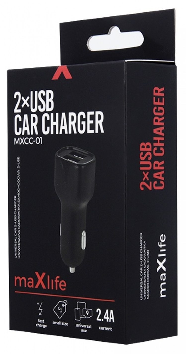 Billader Maxlife MXCC-01 2xUSB hurtiglading (2,4A), svart