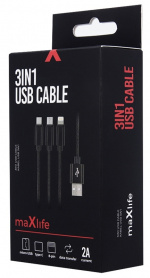 3-i-1 USB-hurtigladekabel - microUSB/USB-C/Lightning (2,1 A), svart