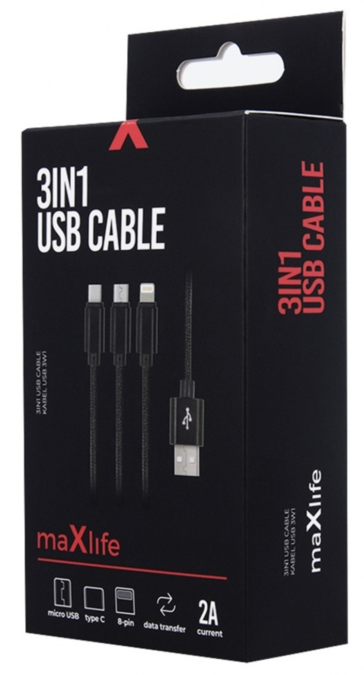 3-i-1 USB-hurtigladekabel - microUSB/USB-C/Lightning (2,1 A), svart