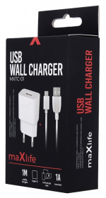 Maxlife vegglader med USB-utgang, inkludert USB-C-kabel, 1A, hvit Maxlife vegglader med USB-utgang, inkludert USB-C-kabel, 1A, hvit