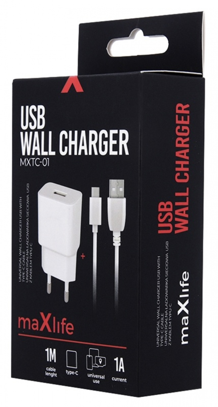 Maxlife vegglader med USB-utgang, inkludert USB-C-kabel, 1A, hvit Maxlife vegglader med USB-utgang, inkludert USB-C-kabel, 1A, hvit